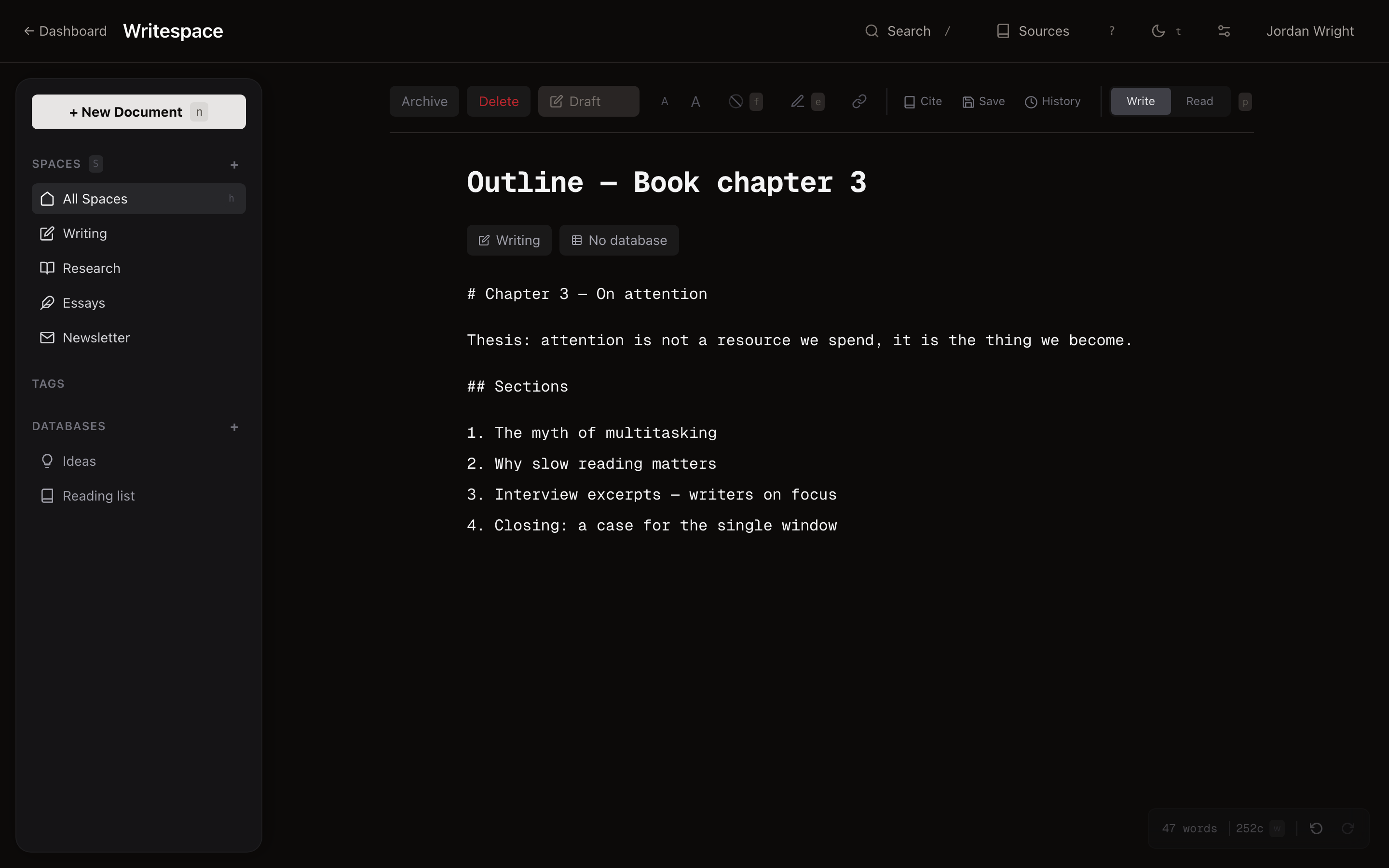 Writespace editor with a monospace serif document titled Outline — Book chapter 3