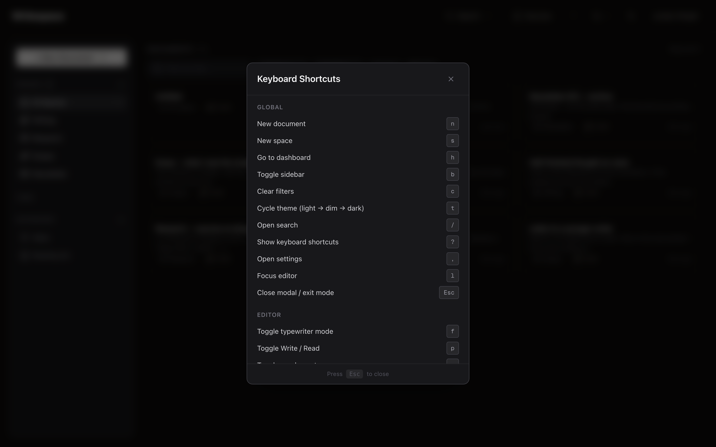 Shortcuts modal showing keyboard bindings