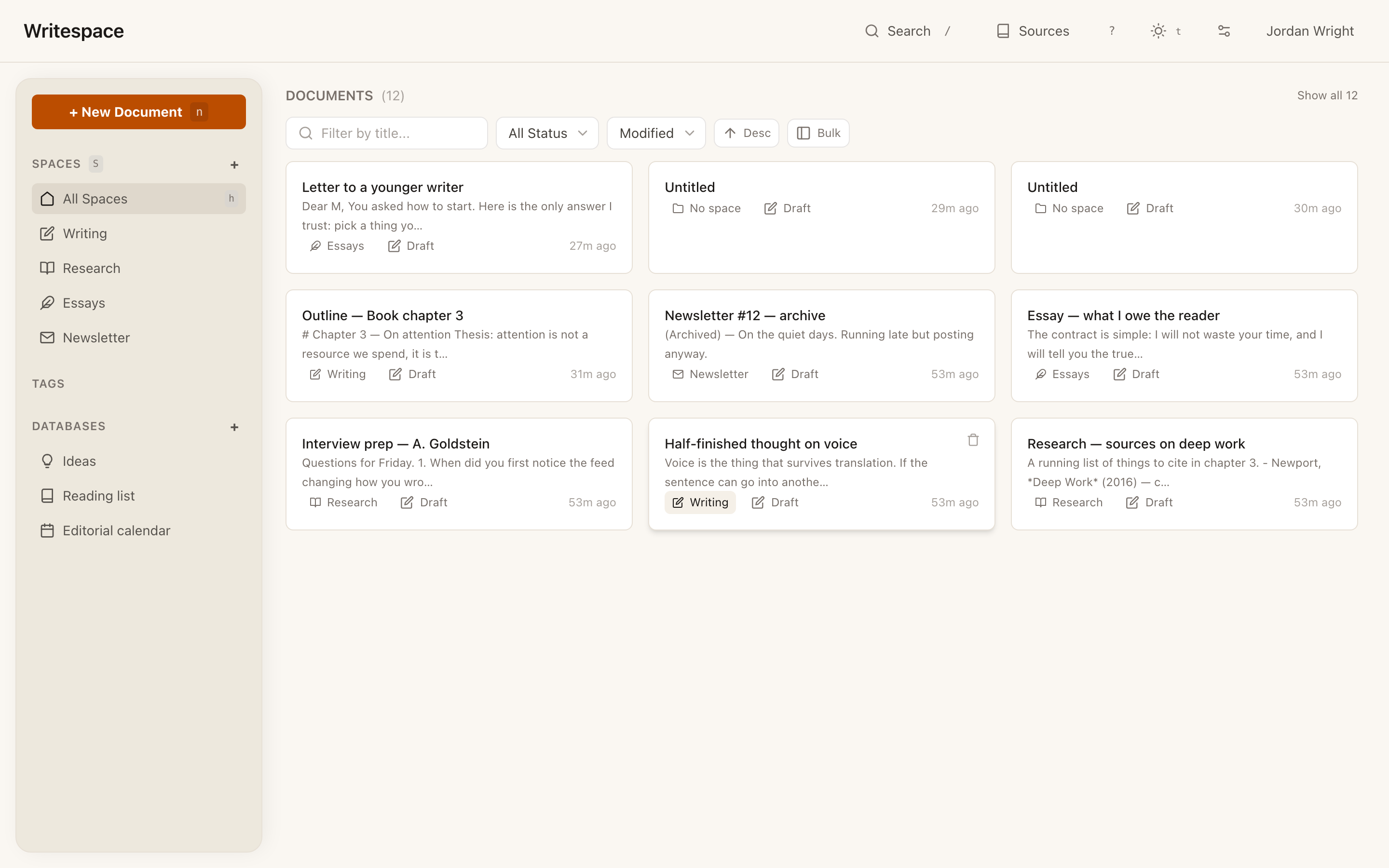 Writespace dashboard showing a personal set of drafts grouped by space