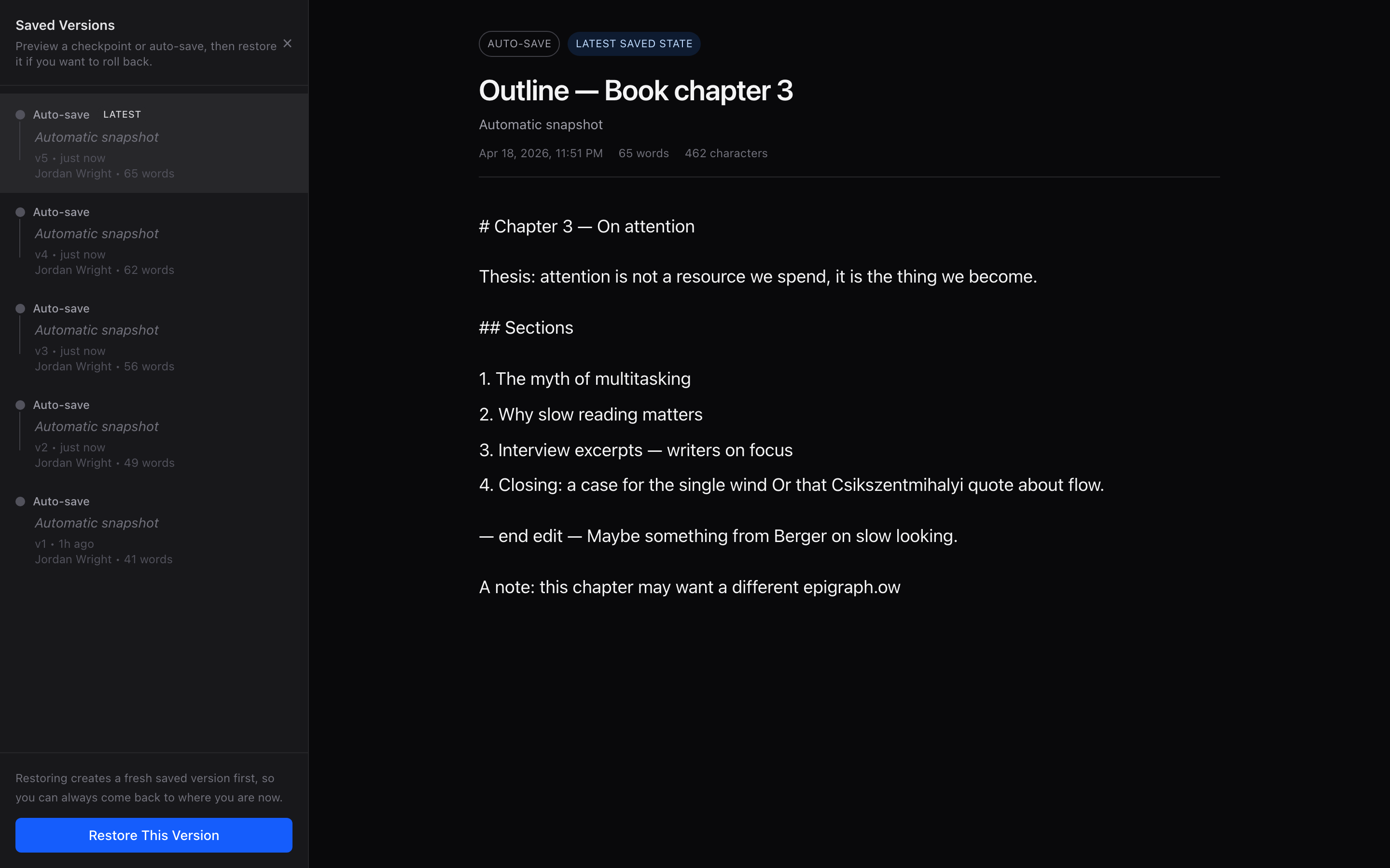 Version history panel showing a timeline of snapshots for a document