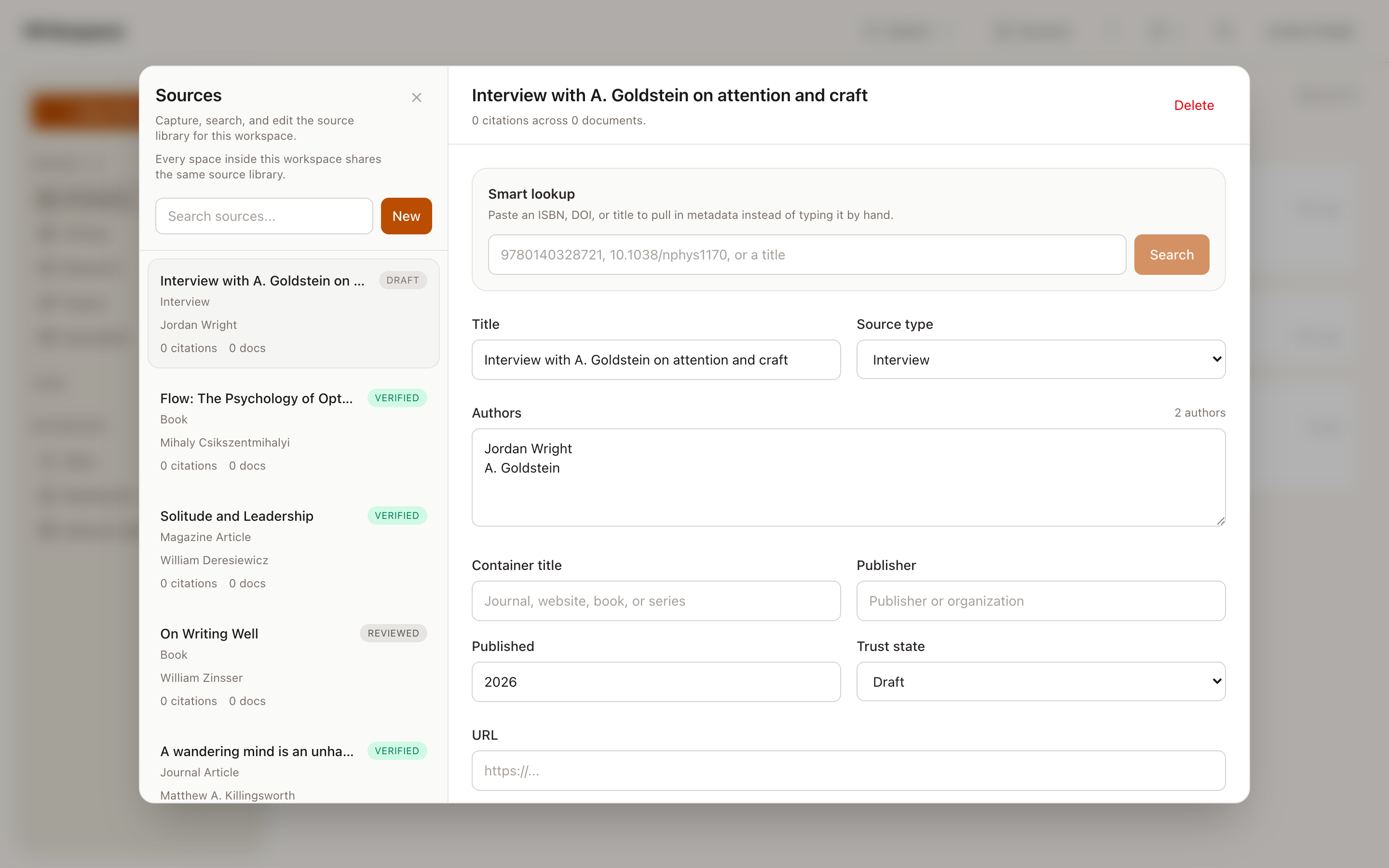 Sources library modal: source list on the left with Draft / Reviewed / Verified badges, Smart Lookup search, and editable metadata for the selected source