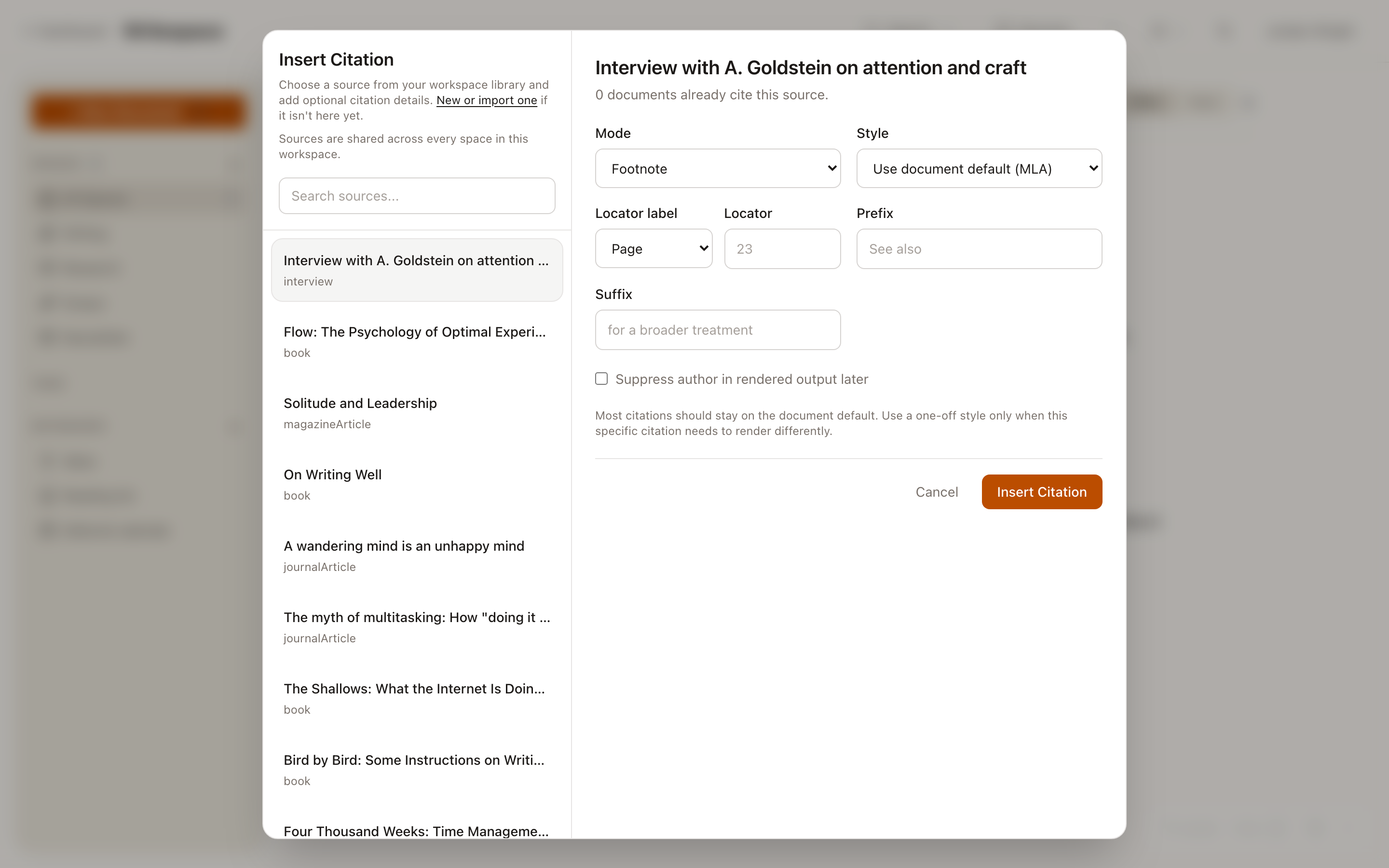 Insert Citation modal with sources list, mode (Footnote), style (MLA), locator label, locator number, prefix, suffix, and suppress-author option